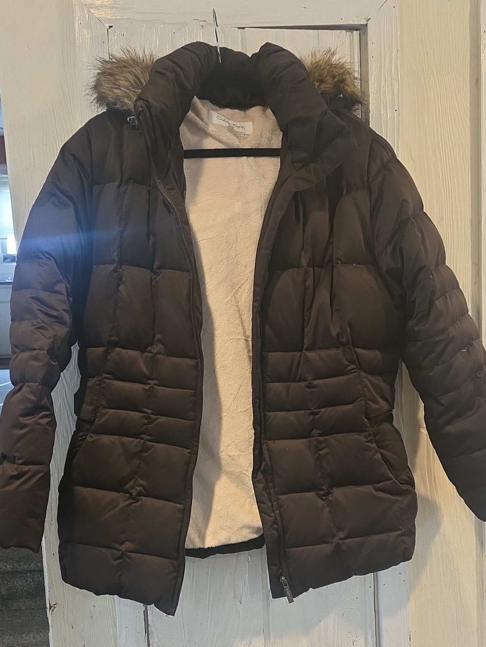 Calvin Klein Women’s Brown Puffer Coat with Faux Fur Hood